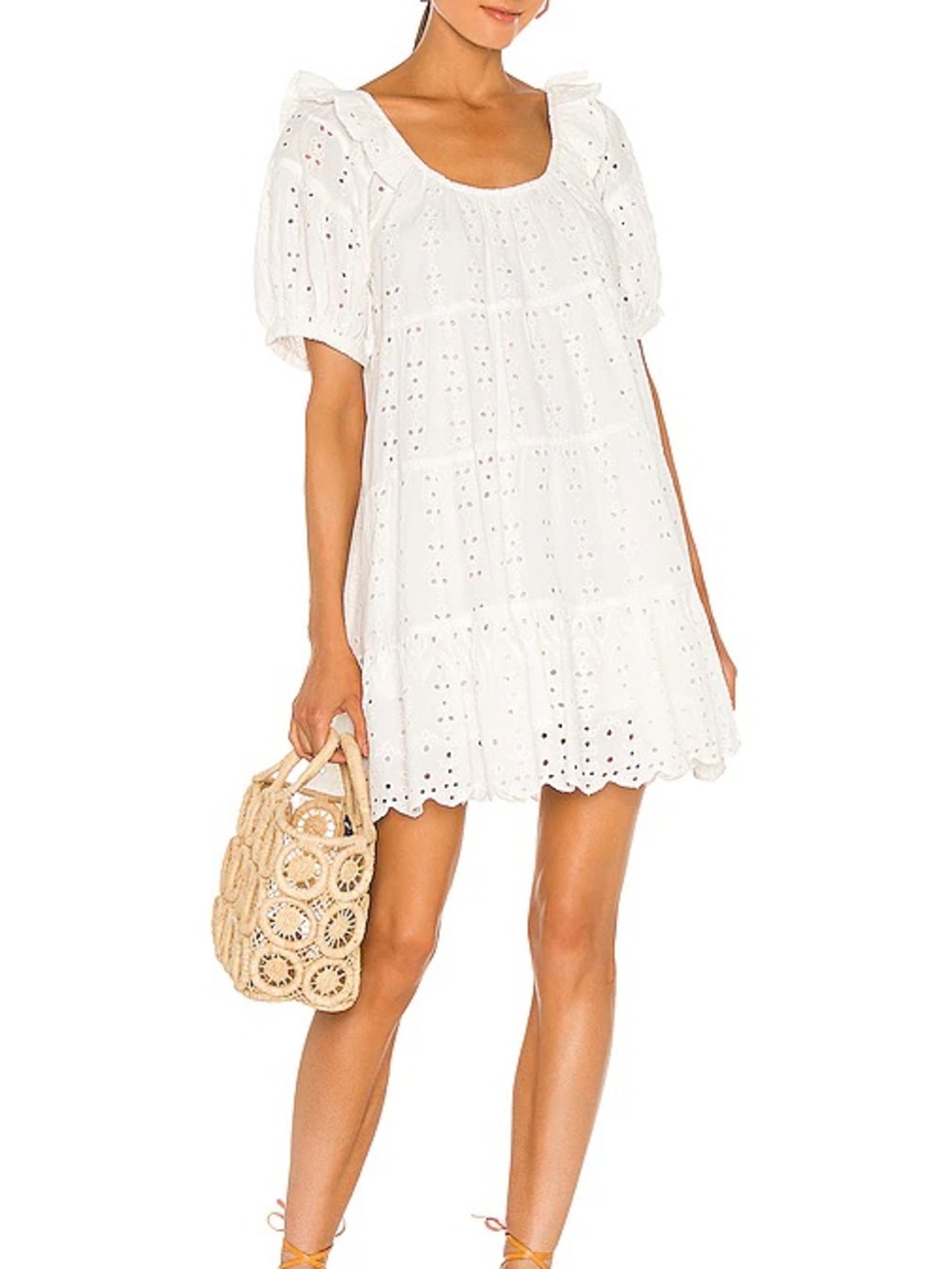 Cleobella Ferris White Eyelet Puff-Sleeve Mini Dress XS